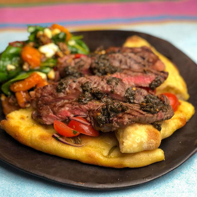 Rib Eye Steak with Chimichurri, Flat Breads, Tomato and Onion Salad by Somerset Foodie